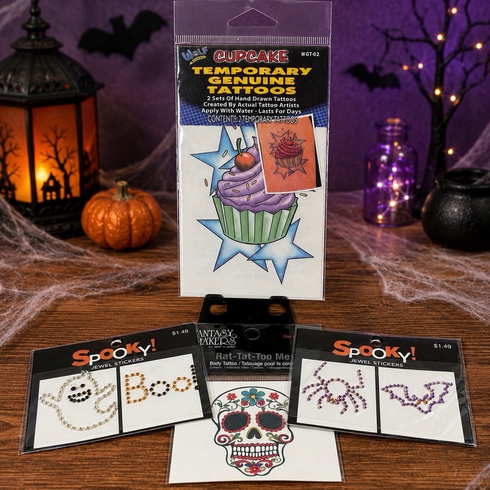 Halloween Face Gems Temporary Tattoos Lot 4 Spooky Fantasy Makers Wolf NOS